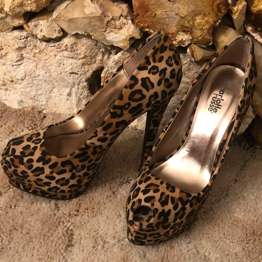 Charlotte Russe Leopard Print Peep-Toe Platform Pumps - Brown/Black